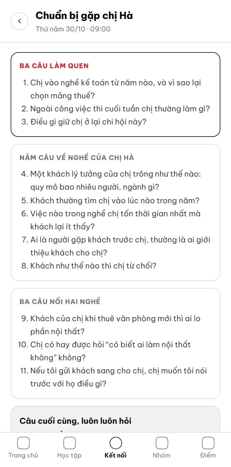 Bộ câu hỏi trợ lý AI soạn trước buổi gặp 1-1 với chị Hà (hội viên mẫu): ba câu làm quen, năm câu về nghề của người kia, ba câu nối hai nghề lại với nhau, và câu cuối luôn hỏi