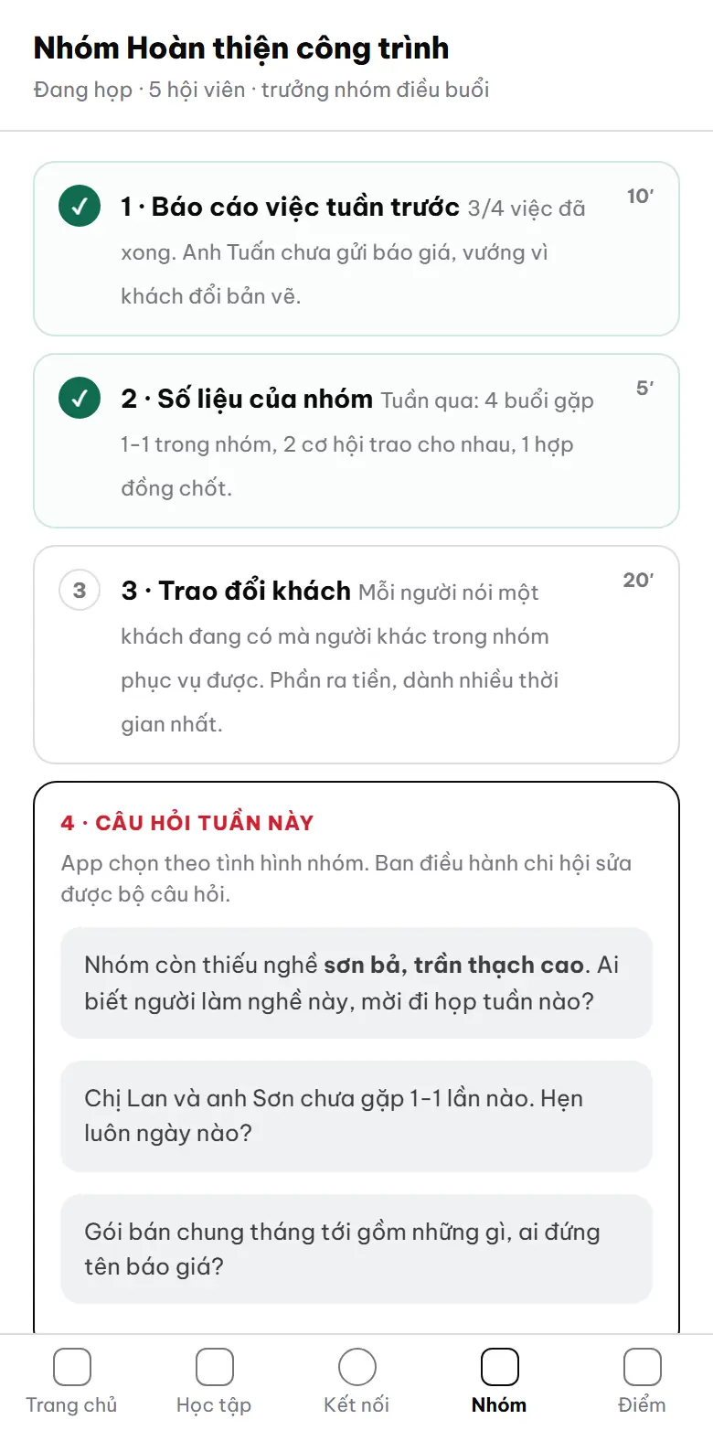 Họp nhóm theo bước trên điện thoại, nhóm Hoàn thiện công trình: hai bước đầu đã tích xong, bước trao đổi khách, rồi ba câu hỏi tuần này app chọn theo tình hình nhóm; mỗi bước ghi số phút dành cho nó