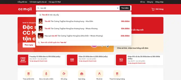 Gợi ý tìm kiếm tức thì: gõ “tao do” không dấu vẫn ra danh mục Táo đỏ và ba sản phẩm kèm ảnh, giá (dữ liệu mẫu)