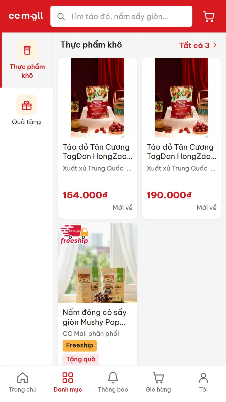 Trang Danh mục trên bản di động: cột danh mục bên trái, lưới sản phẩm hai cột có nhãn Freeship và Tặng quà