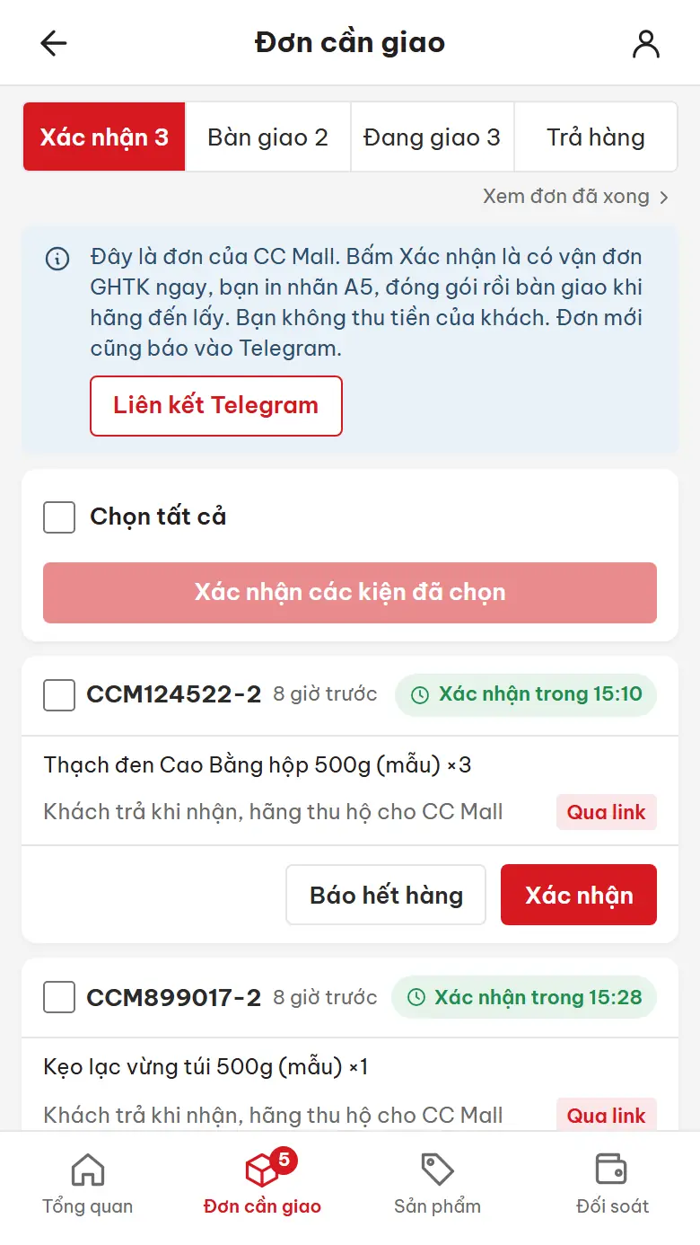 Đơn cần giao trên điện thoại: kiện chờ xác nhận kèm hạn, Báo hết hàng và Xác nhận (dữ liệu mẫu)