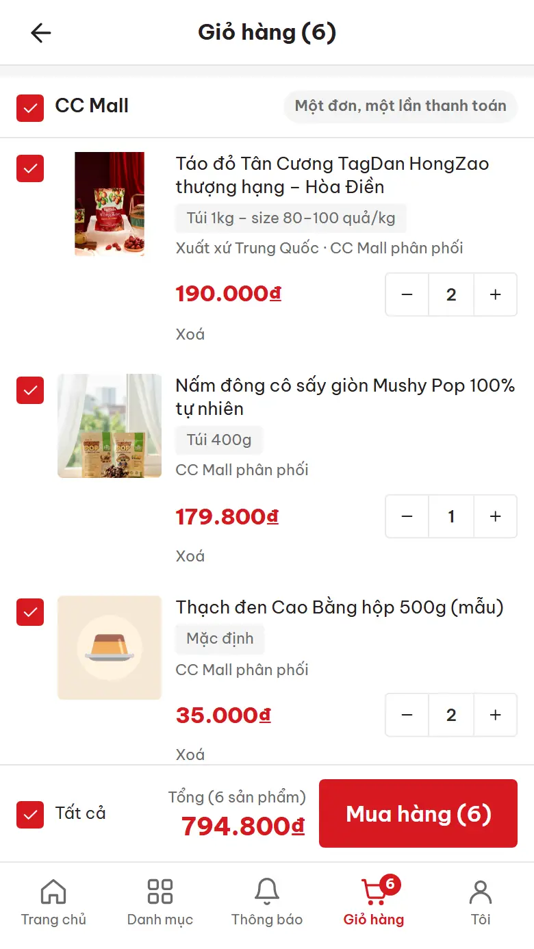 Giỏ hàng trên bản di động ở chế độ bán trực tiếp: một nhóm CC Mall, chỉnh số lượng, tổng tiền và nút Mua hàng dính đáy (dữ liệu mẫu)
