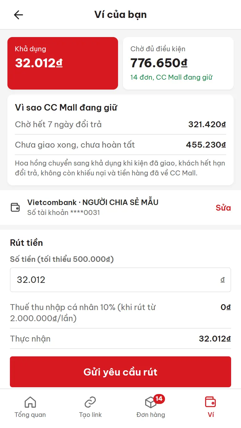 Ví và rút tiền trên điện thoại (dữ liệu mẫu)