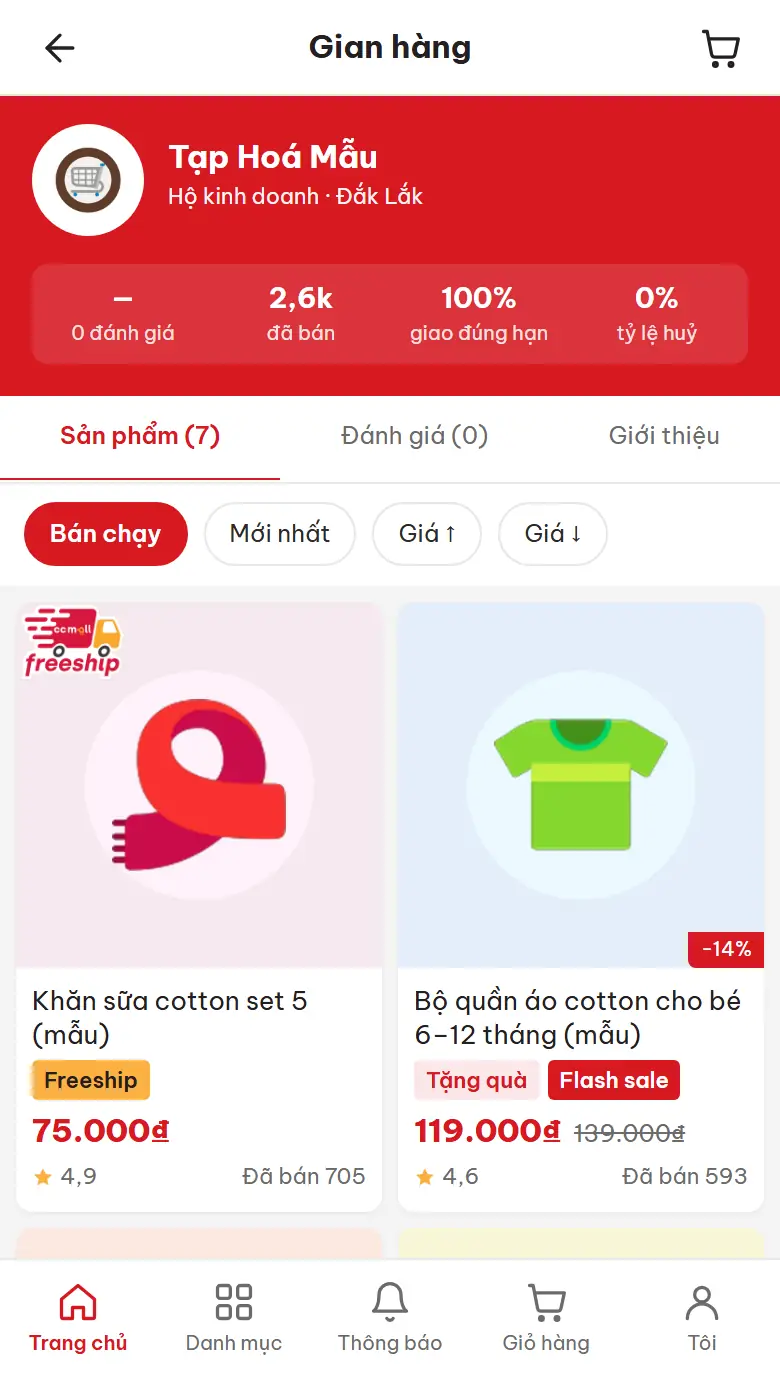 Trang gian hàng trên bản di động: chỉ số của gian, tab sản phẩm và sắp xếp (dữ liệu mẫu)