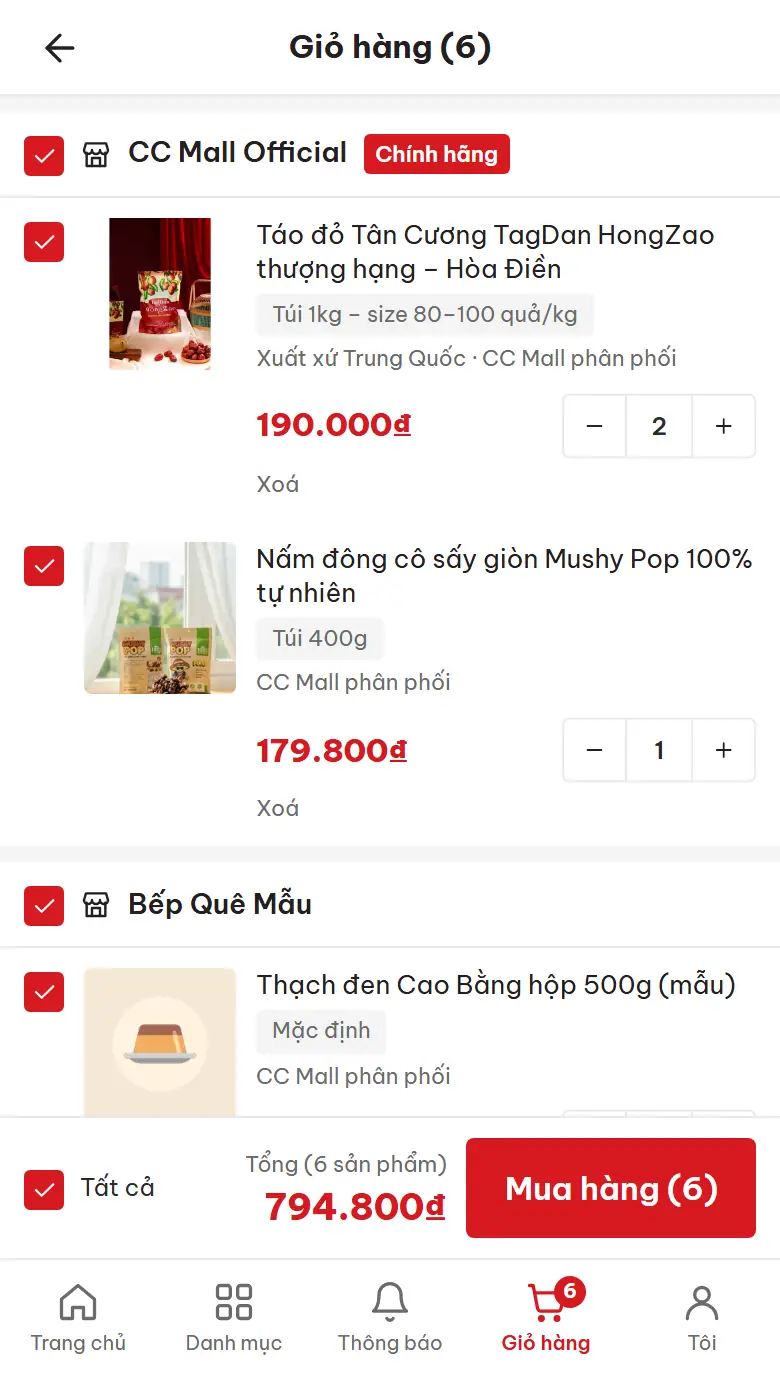Giỏ hàng chế độ sàn trên điện thoại, tách theo từng gian (dữ liệu mẫu)
