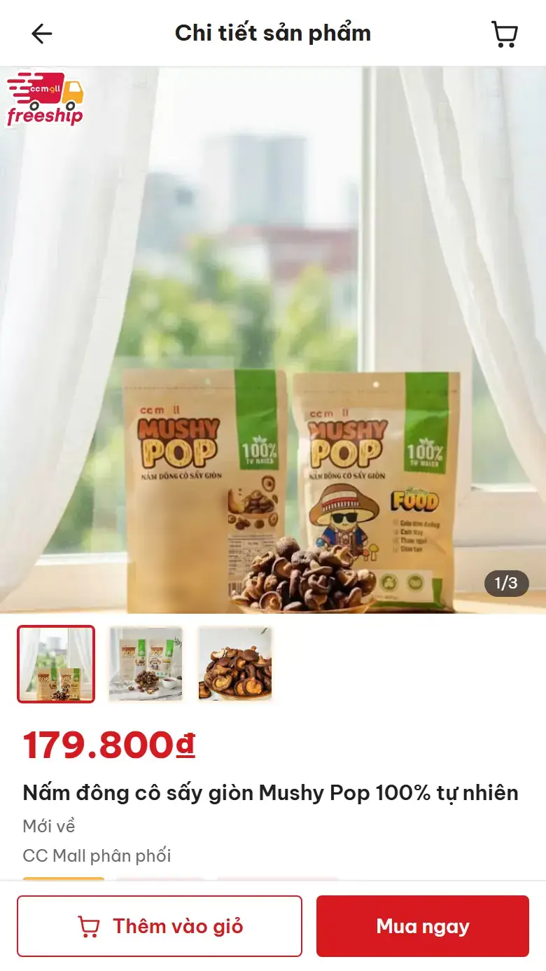 Trang sản phẩm Mushy Pop trên bản di động: nhãn freeship, album ảnh 1/3, giá và thanh nút Thêm vào giỏ, Mua ngay dính ở đáy