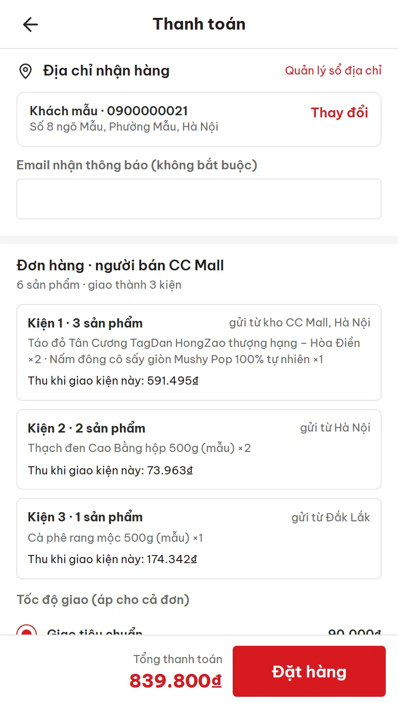 Thanh toán trên điện thoại: địa chỉ từ sổ địa chỉ, đơn chia kiện theo kho, tổng tiền và nút Đặt hàng dính đáy (dữ liệu mẫu)