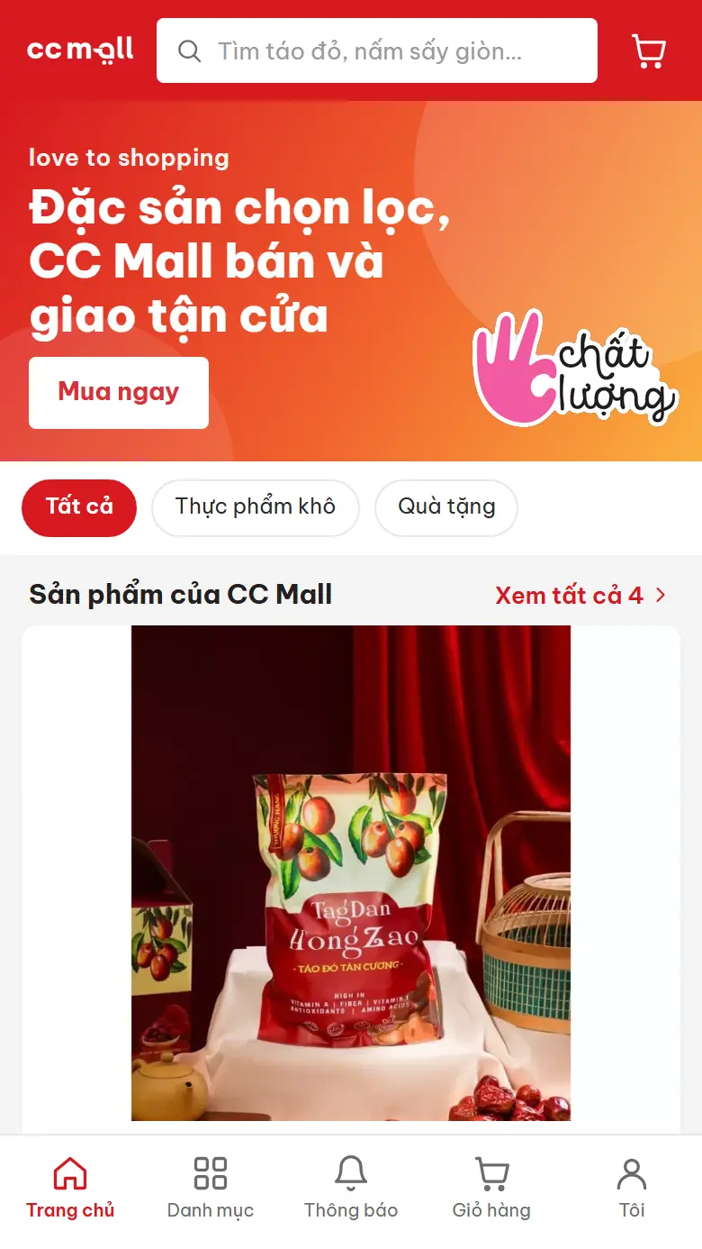 Bản di động ccmall.vn/m cài được như app: đầu trang kiểu ứng dụng, khối giới thiệu, danh mục, thẻ sản phẩm lớn và thanh năm tab ở đáy