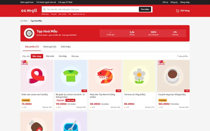 Trang gian hàng trên sàn: logo, nơi gửi hàng, ngày tham gia, bốn chỉ số của gian, tab Sản phẩm, Đánh giá, Giới thiệu và sắp xếp sản phẩm (dữ liệu mẫu)