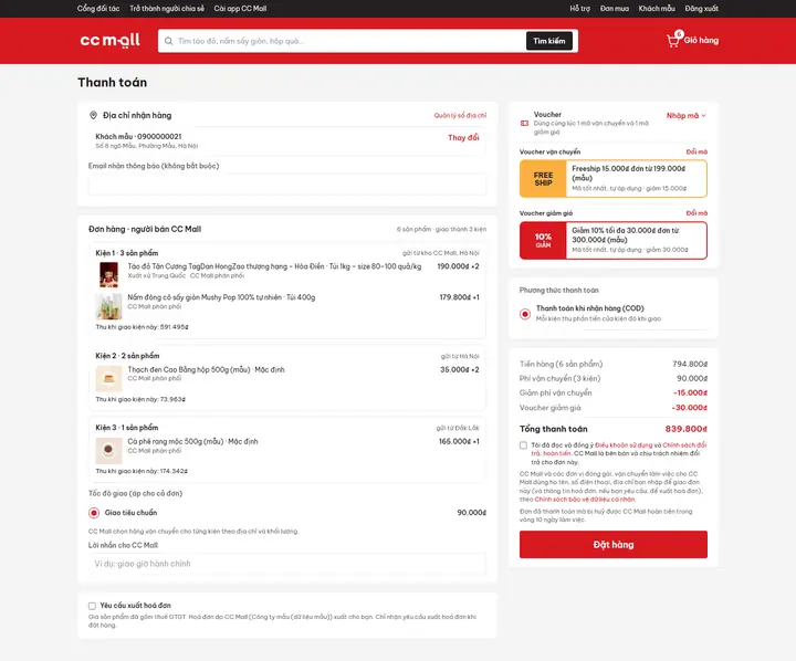 Thanh toán một trang: sổ địa chỉ, đơn chia ba kiện gửi từ ba kho, hai ô voucher (một mã vận chuyển, một mã giảm giá) tự chọn mã tốt nhất, COD và yêu cầu xuất hoá đơn (dữ liệu mẫu)