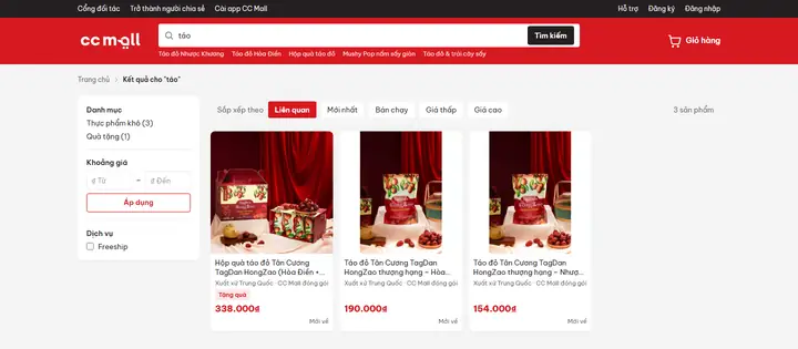 Kết quả tìm “táo” trên ccmall.vn: lọc theo danh mục, khoảng giá, freeship và năm cách sắp xếp
