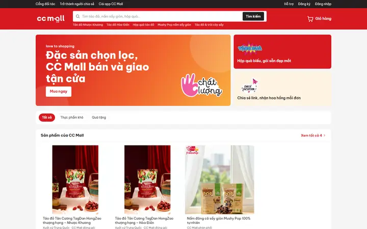 Trang chủ ccmall.vn trên máy tính: thanh tìm kiếm, khối giới thiệu “Đặc sản chọn lọc, CC Mall bán và giao tận cửa”, ô Hộp quà, ô Chia sẻ link nhận hoa hồng, các danh mục và thẻ sản phẩm