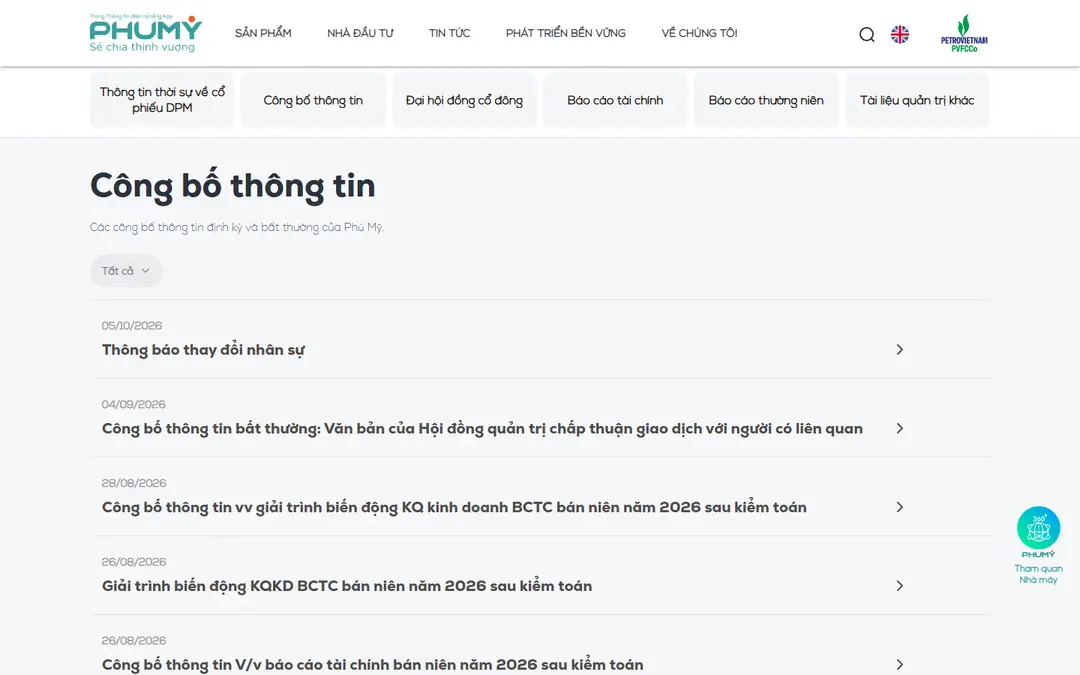 Trang Nhà đầu tư của Phú Mỹ: hàng mục Công bố thông tin, Đại hội đồng cổ đông, Báo cáo tài chính, Báo cáo thường niên và danh sách các công bố mới nhất