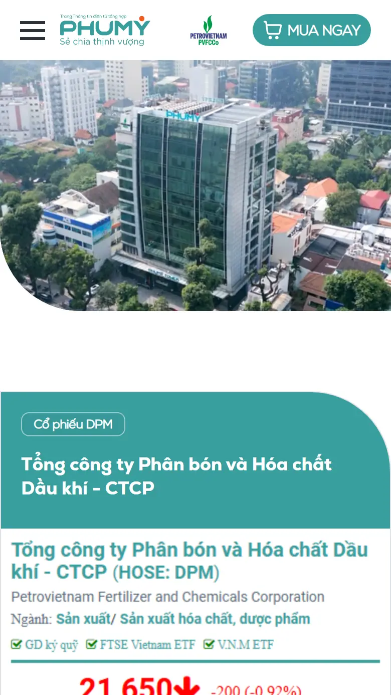 Trang chủ Phú Mỹ trên điện thoại: logo, nút Mua ngay, ảnh tòa nhà trụ sở và khung thông tin cổ phiếu DPM