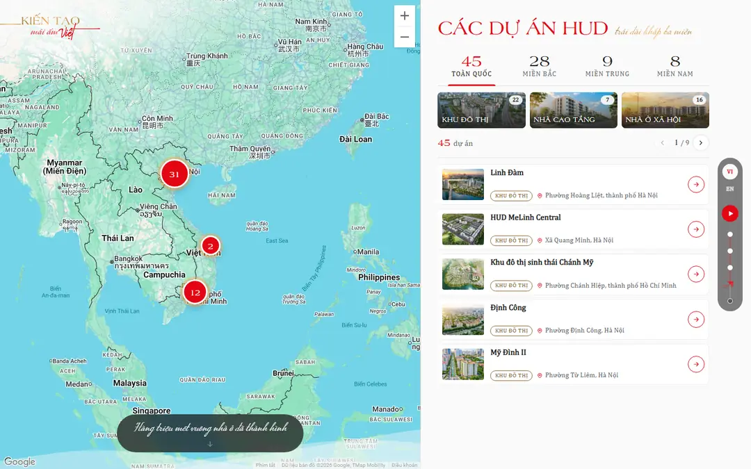 Bản đồ dự án trong e-brochure HUD: các cụm dự án trên bản đồ Việt Nam có cả Hoàng Sa, Trường Sa; bên phải là các tab 45 toàn quốc, 28 miền Bắc, 9 miền Trung, 8 miền Nam và danh sách Linh Đàm, HUD MeLinh Central, Định Công, Mỹ Đình II