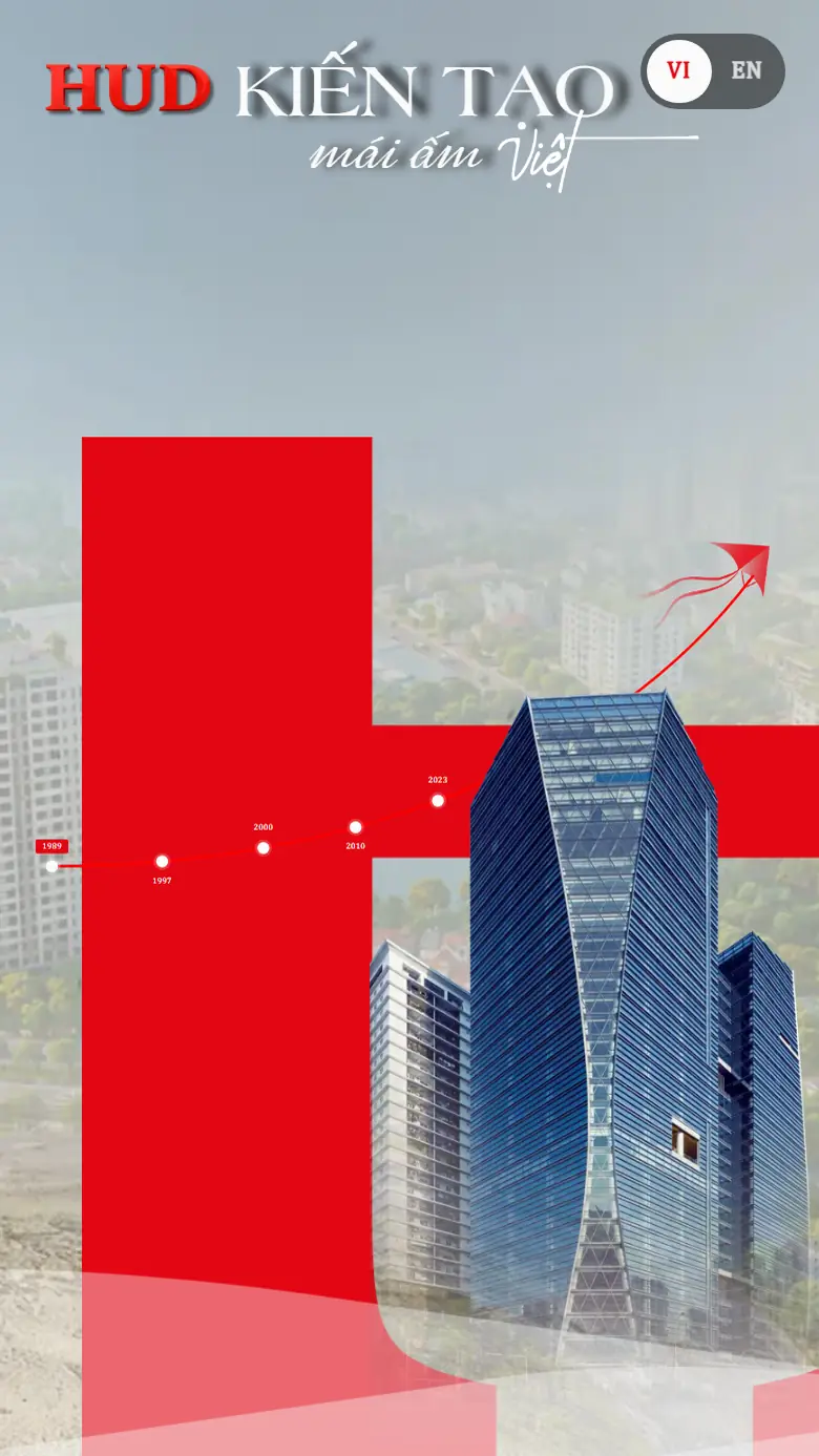 E-brochure HUD trên điện thoại: logo HUD, tiêu đề Kiến tạo mái ấm Việt, chữ H đỏ, tòa tháp kính và nút chuyển VI/EN