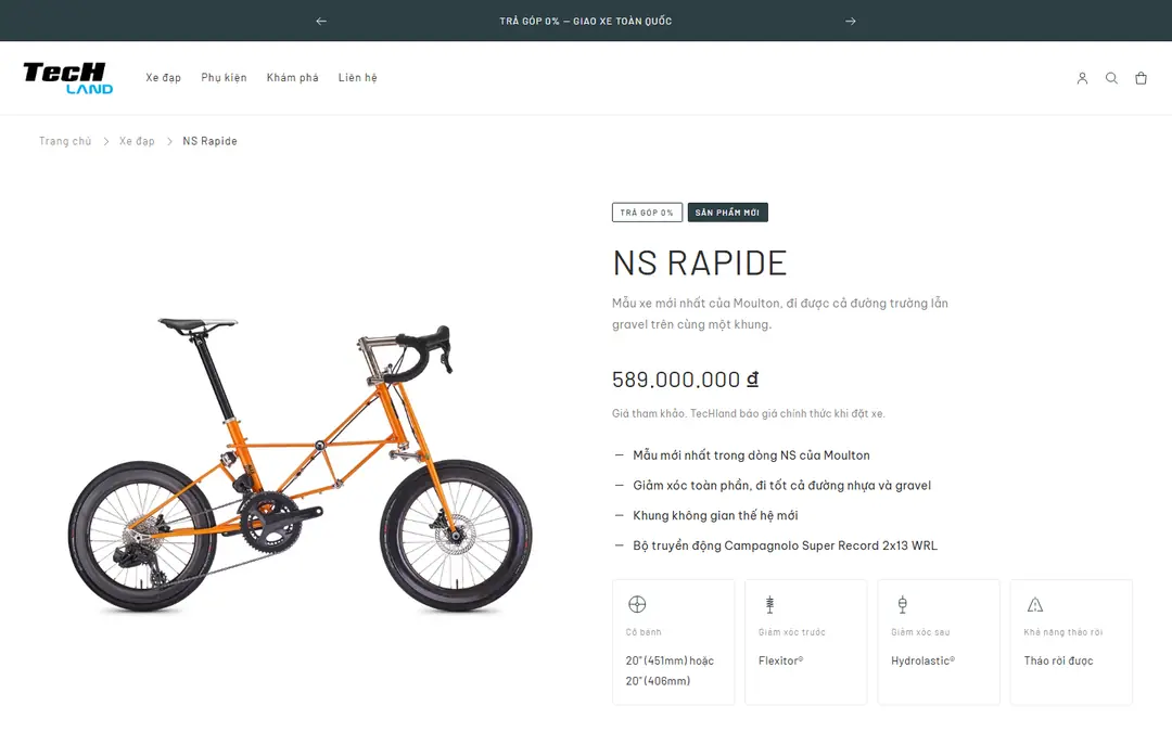 Trang mẫu xe NS Rapide: ảnh xe màu cam Sunrise Orange, giá tham khảo 589.000.000 đ, nhãn Trả góp 0% và Sản phẩm mới, bốn ô thông số cỡ bánh, giảm xóc Flexitor và Hydrolastic, tháo rời