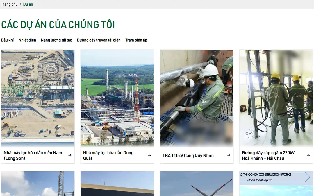 Trang Dự án của pcc5.com.vn: tiêu đề Các dự án của chúng tôi, năm nhóm lọc Dầu khí, Nhiệt điện, Năng lượng tái tạo, Đường dây truyền tải điện, Trạm biến áp và lưới thẻ ảnh công trình