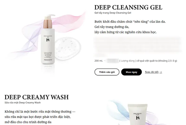 Khối The Collection trên trang chủ (bản mẫu đã duyệt): ảnh Deep Cleansing Gel trên dải ruy băng, bên phải tên sản phẩm, câu giới thiệu và ba nút Thêm vào giỏ, Mua ngay, Xem chi tiết; sản phẩm sau xếp đổi bên. Đoạn mô tả và giá đã làm mờ