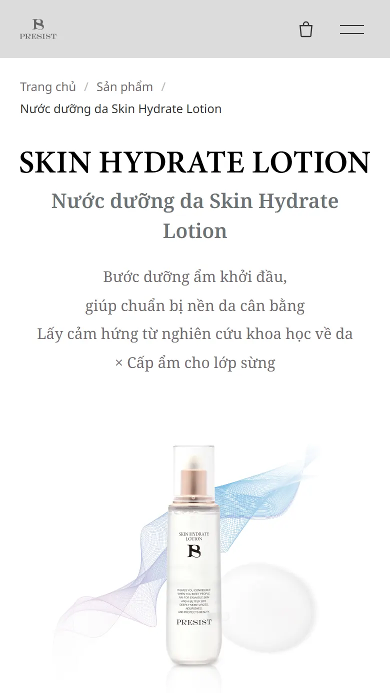 Trang Skin Hydrate Lotion trên điện thoại (bản mẫu đã duyệt): đường dẫn, tên sản phẩm, tên tiếng Việt, câu giới thiệu và ảnh chai