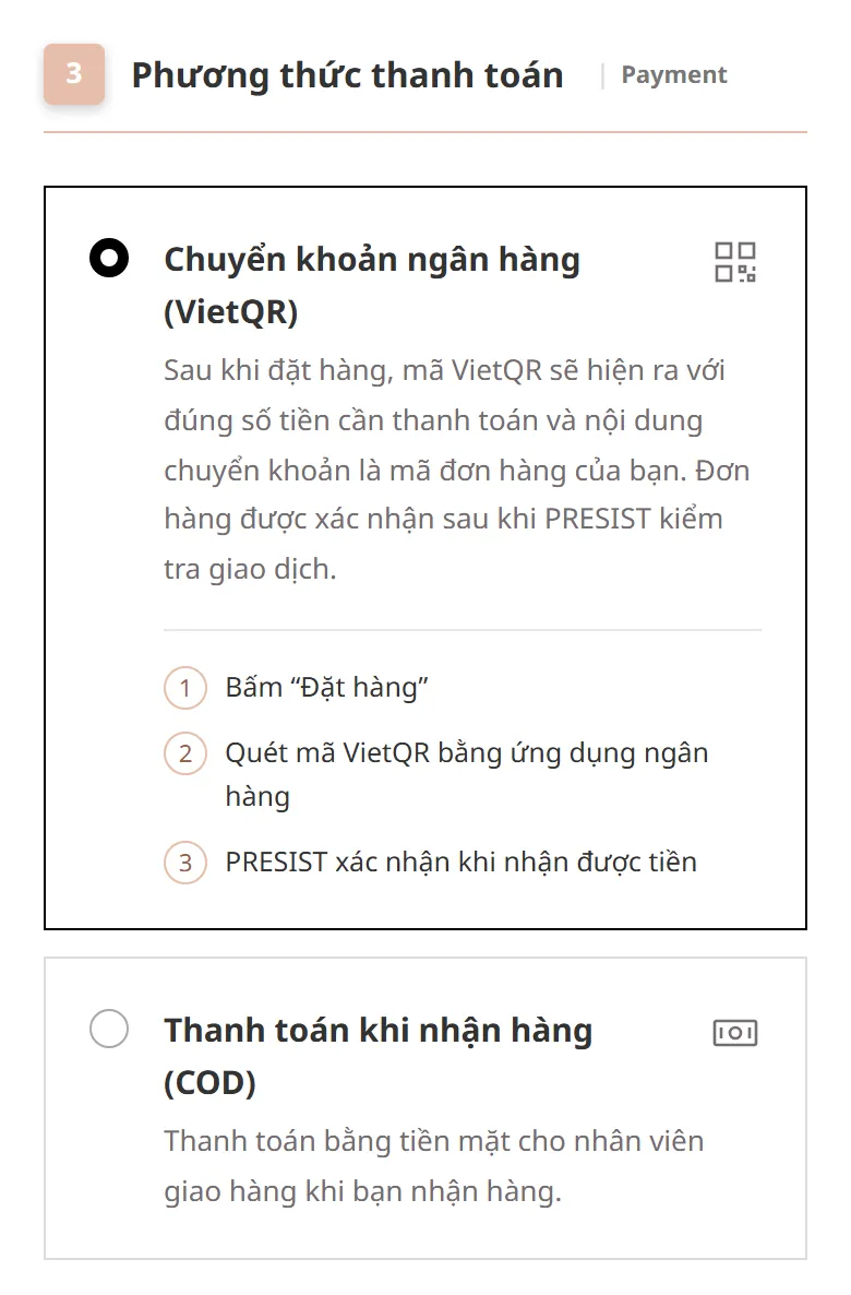 Bước 3, Phương thức thanh toán, trên điện thoại (bản mẫu đã duyệt): thẻ Chuyển khoản ngân hàng (VietQR) đang chọn kèm ba bước, bên dưới là Thanh toán khi nhận hàng (COD)