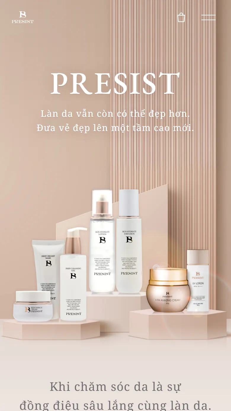 Trang chủ PRESIST trên điện thoại (bản mẫu đã duyệt): chữ PRESIST, câu giới thiệu hai dòng và bảy sản phẩm