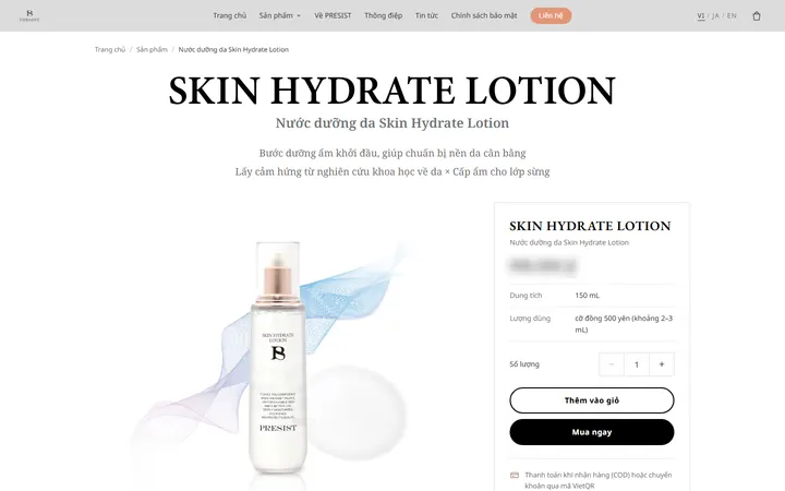 Trang sản phẩm Skin Hydrate Lotion trên máy tính (bản mẫu đã duyệt): tên sản phẩm lớn, tên tiếng Việt, ảnh chai, khối mua bên phải có dung tích, lượng dùng, số lượng, nút Thêm vào giỏ và Mua ngay; giá đã làm mờ