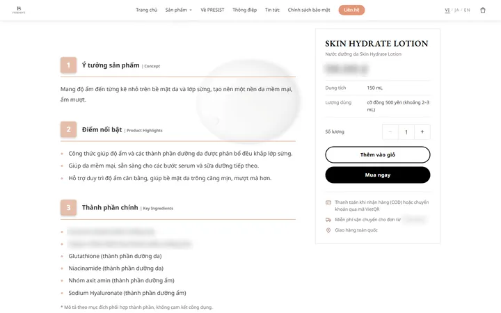 Ba mục đầu của trang sản phẩm (bản mẫu đã duyệt): 1 Ý tưởng sản phẩm, 2 Điểm nổi bật, 3 Thành phần chính và dòng chú thích dấu sao; khối mua đứng yên bên phải. Giá, mức miễn phí vận chuyển và hai dòng thành phần đã làm mờ