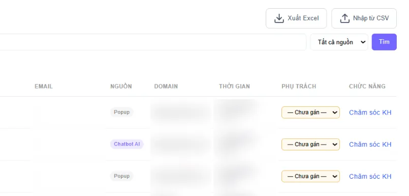 Danh sách khách trong Publead, ảnh trong hướng dẫn trên publead.vn: nút Xuất Excel và Nhập từ CSV, cột Nguồn với Popup và Chatbot AI, cột Phụ trách và nút Chăm sóc KH. Email, tên miền và thời gian đã được che