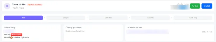 Màn Luồng chăm sóc của Publead, ảnh trong hướng dẫn trên publead.vn: tên khách, nguồn Popup, nút Gọi và Zalo, năm giai đoạn Mới, Báo giá, Chờ chốt, Làm HĐ, Thành công, và ba ô Quan tâm gì, Hỏi gì qua chatbot, Hành vi đọc web. Số điện thoại, sản phẩm và địa chỉ trang khách đọc đã được che