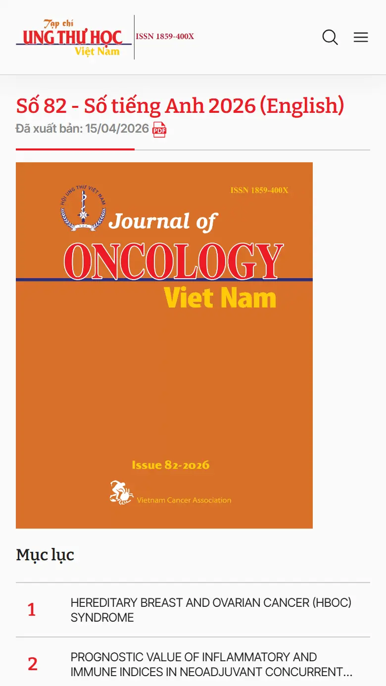 Trang chủ Tạp chí Ung thư học trên điện thoại: logo kèm ISSN, tiêu đề Số 82, bìa Journal of Oncology Viet Nam và mục lục bài